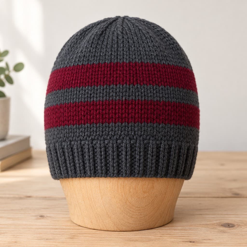 Dad's Charcoal & Burgundy Striped Rib-Brim Beanie: AI visualization of the intended result