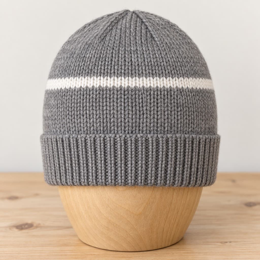 Heather Grey Ribbed Beanie with Thin White Stripe: AI visualization of the intended result