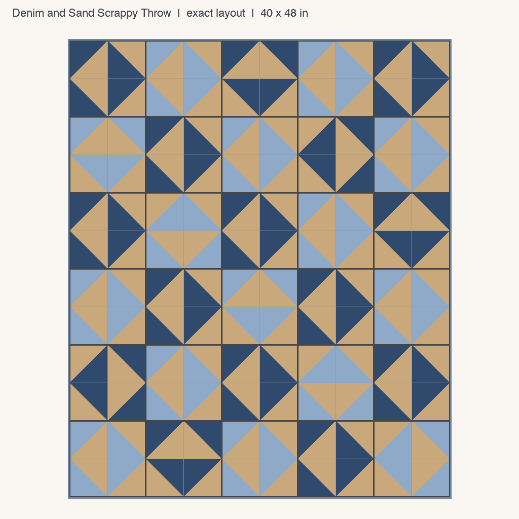 Denim and Sand Scrappy Throw: front view drawn from the verified spec