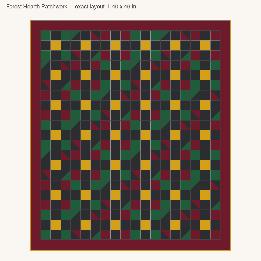 Forest Hearth Patchwork: front view drawn from the verified spec