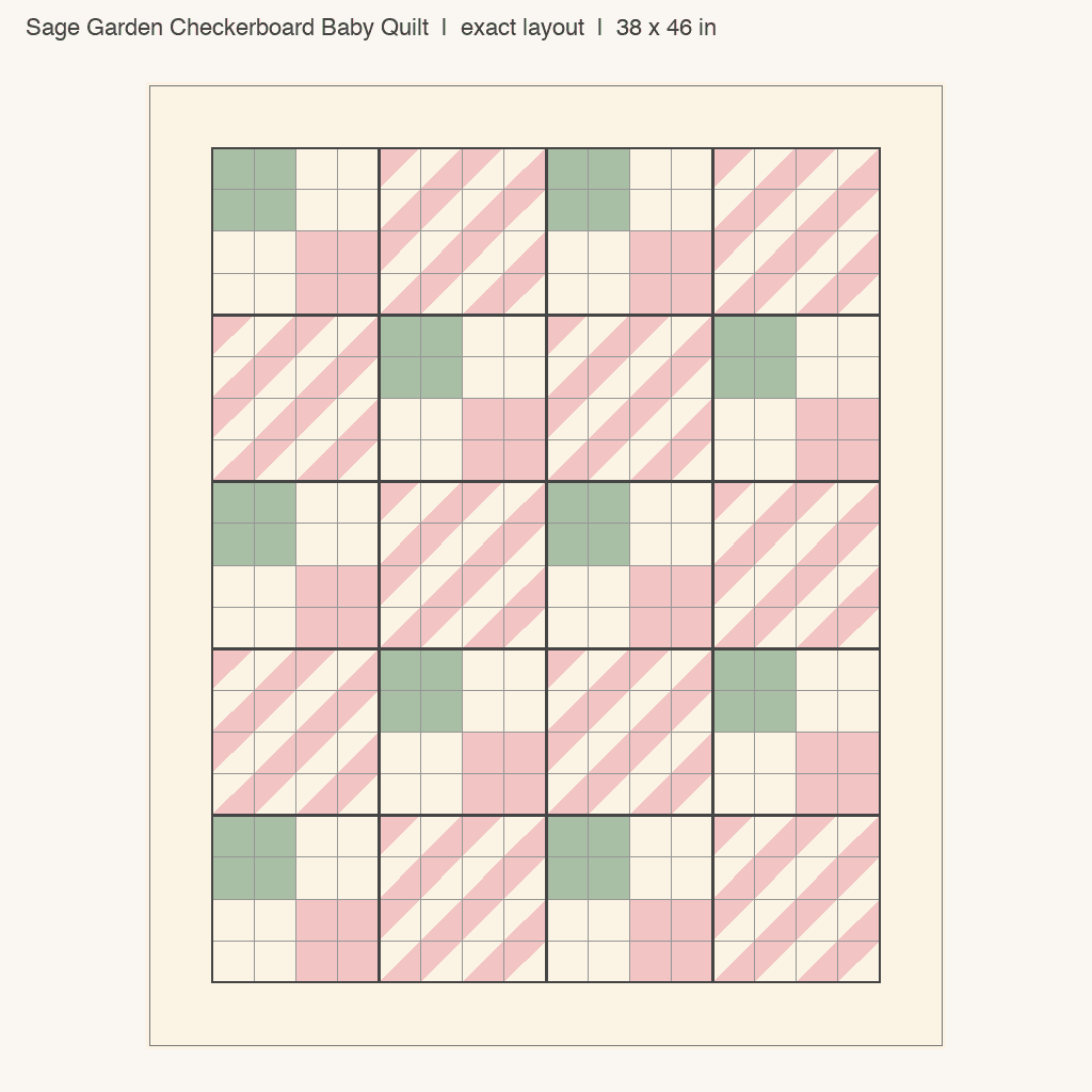 Sage Garden Checkerboard Baby Quilt: front view drawn from the verified spec