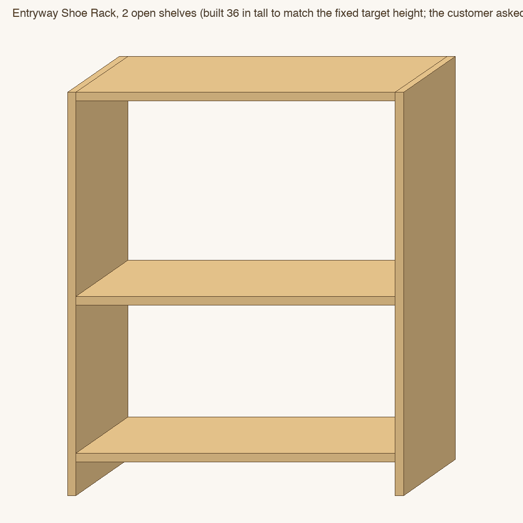 Entryway Shoe Rack, 2 open shelves (built 36 in tall to match the fixed target height; the customer asked for about 16 in): front view drawn from the verified spec