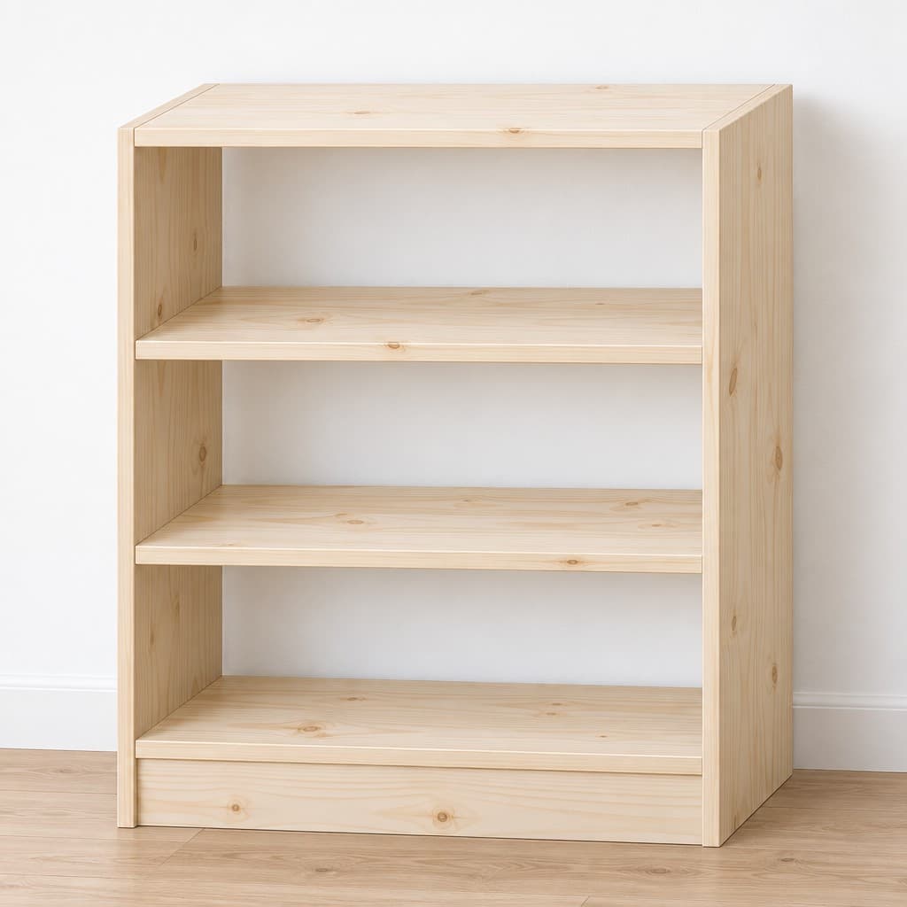 Hallway Pine Bookcase, 3 Shelves with Toe Kick (soft white paint): AI visualization of the intended result