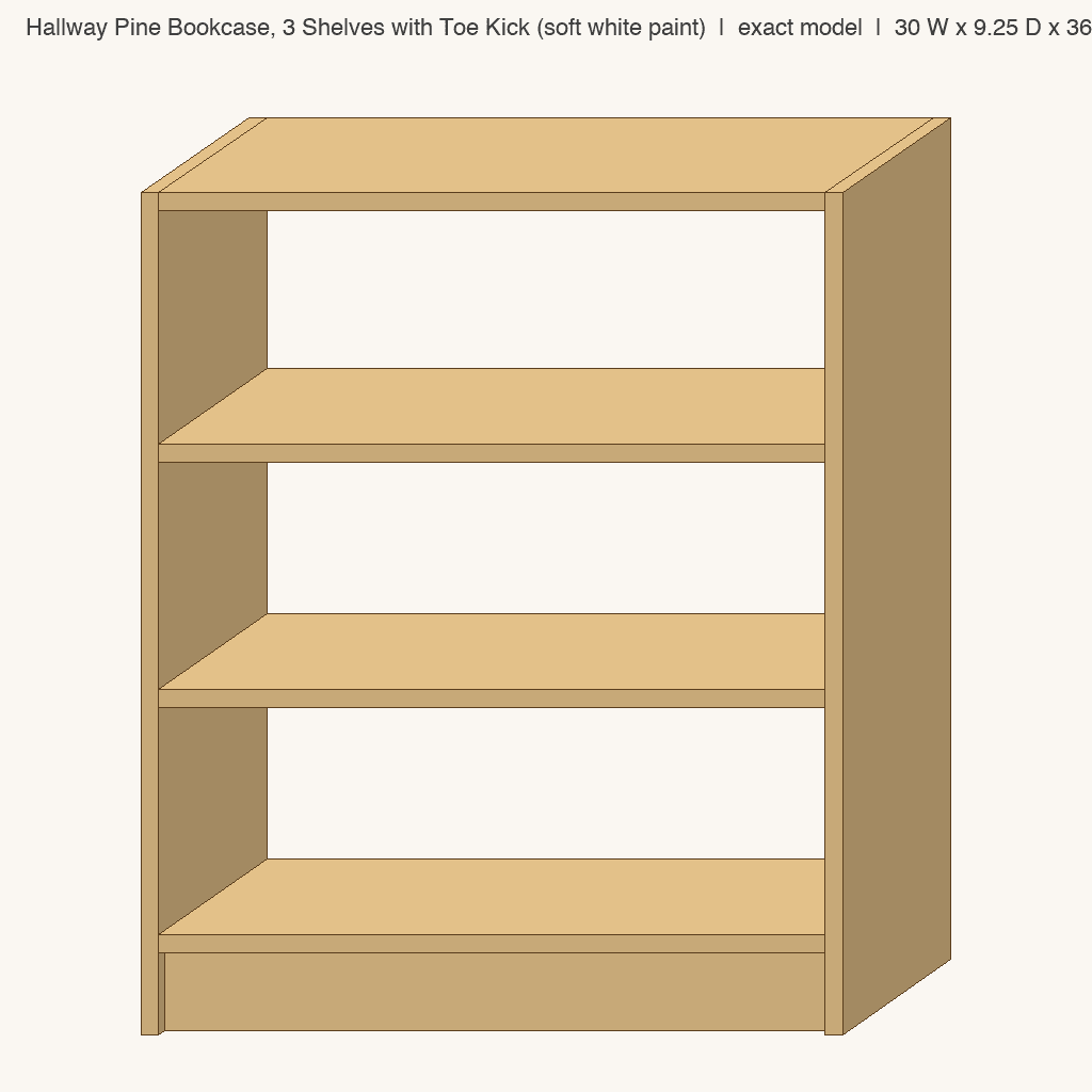 Hallway Pine Bookcase, 3 Shelves with Toe Kick (soft white paint): front view drawn from the verified spec