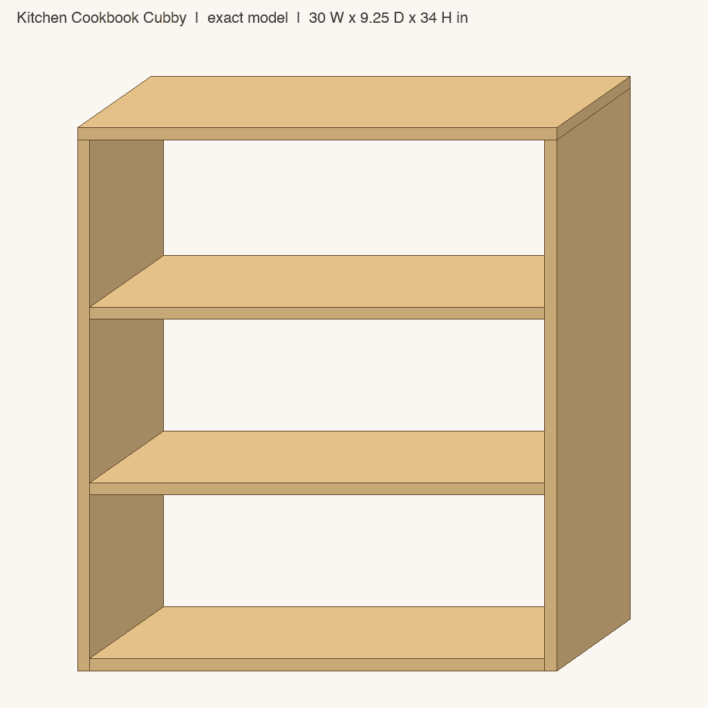 Kitchen Cookbook Cubby: front view drawn from the verified spec