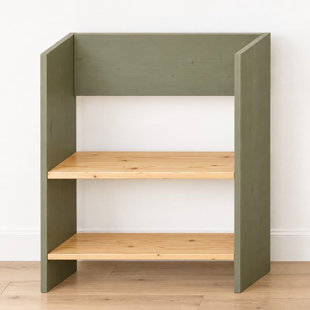Mudroom Bench with Low Basket Shelf and Backrest (natural pine seat, sage-green painted frame; seat height 18 in, overall 36 in with backrest to meet the 36 in target height): AI visualization of the intended result